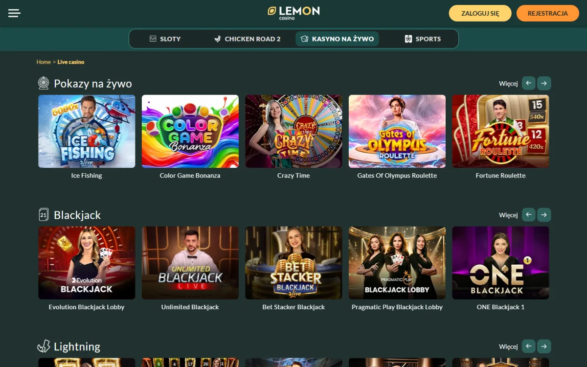 Lobby kasyna na żywo w Lemon Casino PL z ruletką, blackjackiem i teleturniejami